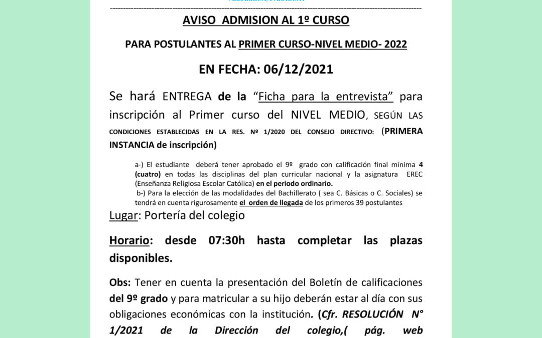 Admisión al primer curso de la educación media, año lectivo 2022